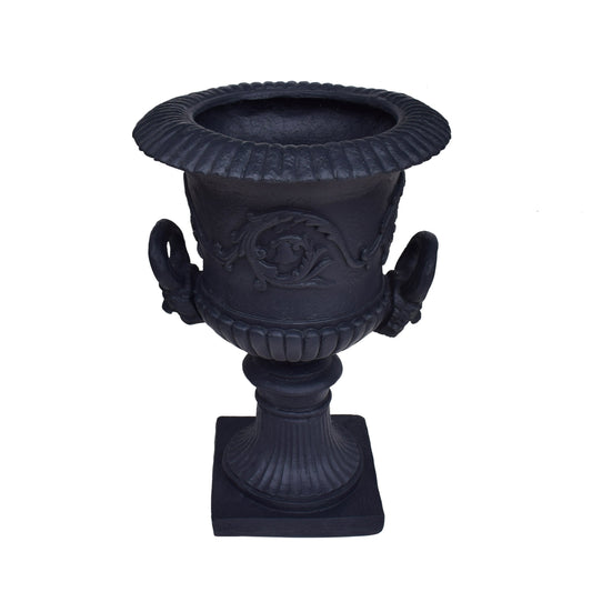 MGO Garden Urn Planter by HouseOfZazla, black cast-iron look with ornate scrollwork and ribbed rim on Tampa Home & Garden Store