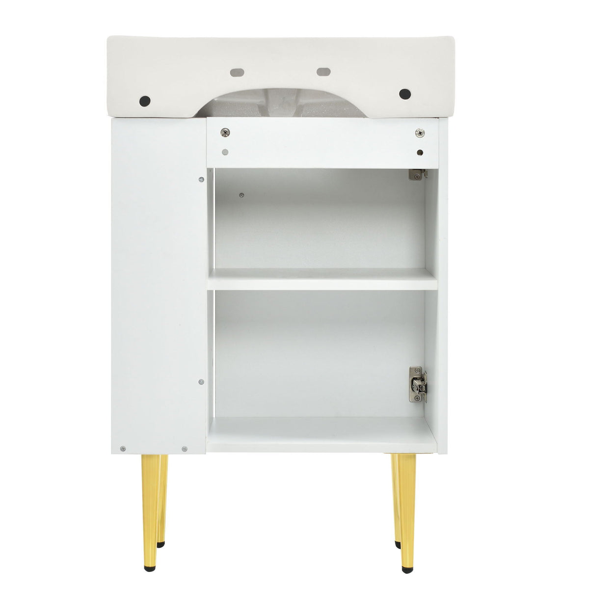 Bathroom vanity with single ceramic sink, white cabinet with open storage on Tampa Home & Garden Store