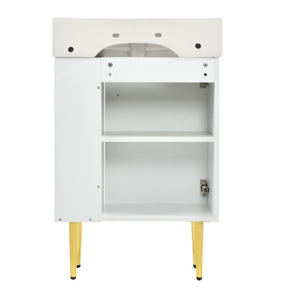Bathroom vanity with single ceramic sink, white cabinet with open storage on Tampa Home & Garden Store