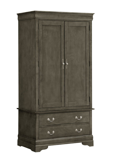 Grey traditional armoire with double doors, decorative metal handles, crown top and base on Tampa Home & Garden Store