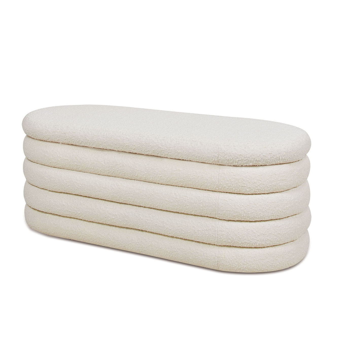 Fuji Upholstered Oval Storage Bench in ivory textured fabric with stacked rounded cushions on Tampa Home & Garden Store