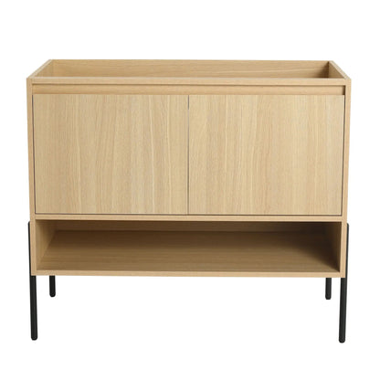 Freestanding bathroom vanity with soft-close doors, 2-panel cabinets, open shelf, black legs on Tampa Home & Garden Store