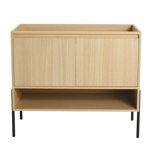Freestanding bathroom vanity with soft-close doors, 2-panel cabinets, open shelf, black legs on Tampa Home & Garden Store