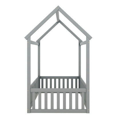 Wood House Bed With Fence And Door gray wooden platform bed frame HouseOfZazla on Tampa Home & Garden Store