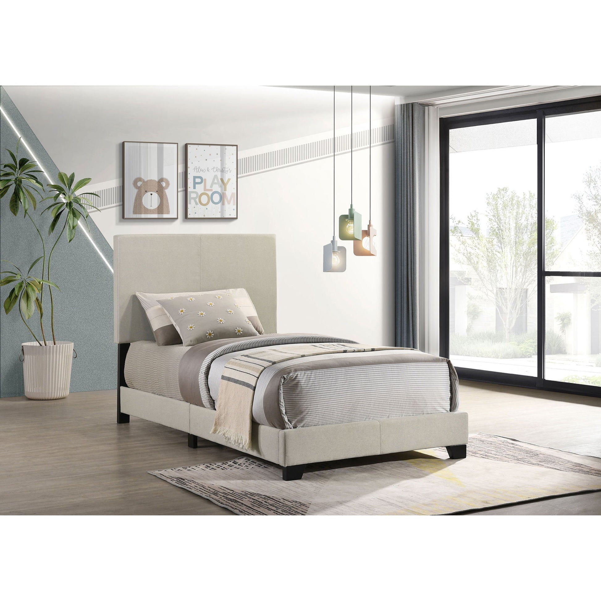 Efram Panel Bed, upholstered grey platform bed by HouseOfZazla in a modern bedroom on Tampa Home & Garden Store