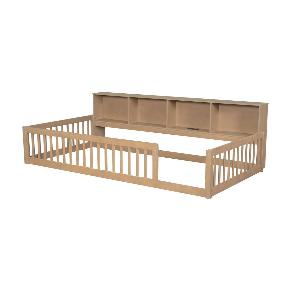 Floor bed with USB ports and storage cabinets in natural wood, HouseOfZazla on Tampa Home & Garden Store