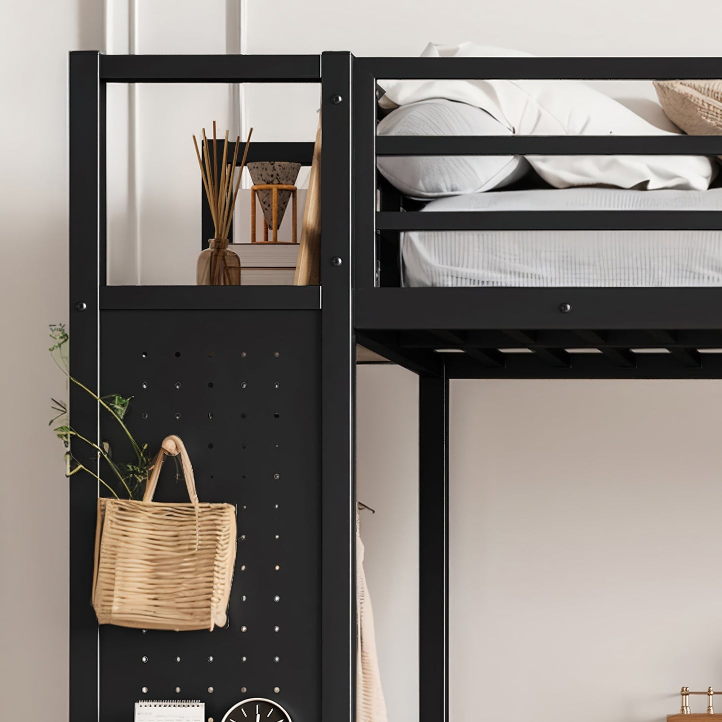 Twin XL over Twin XL metal bunk bed with storage shelves in black finish; pegboard panel with a wicker basket decor on Tampa Home & Garden Store