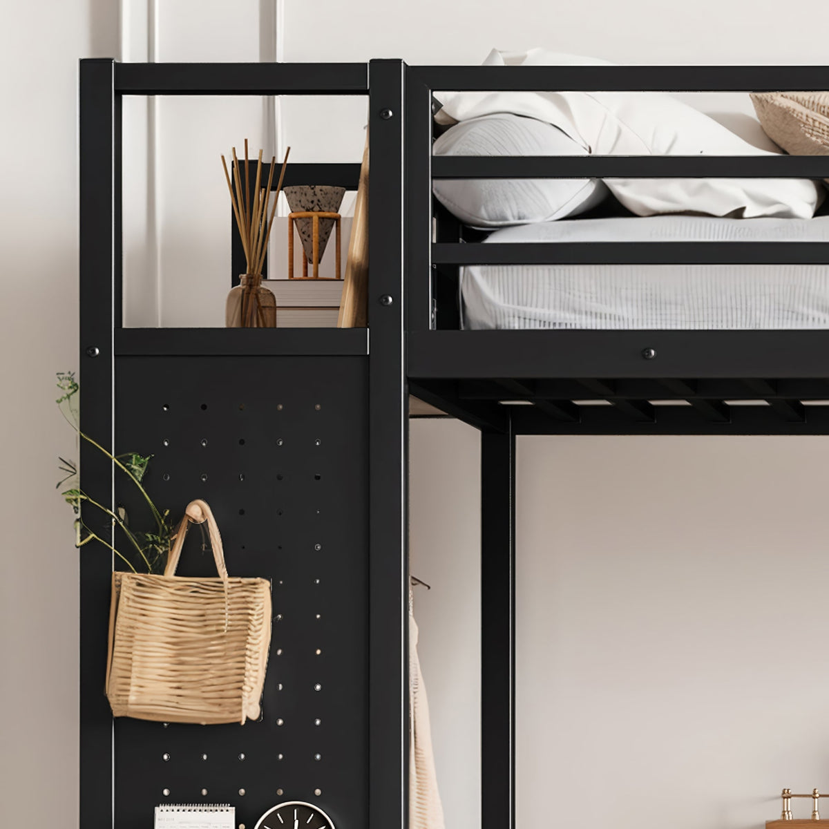 Twin XL over Twin XL metal bunk bed with storage shelves in black finish; pegboard panel with a wicker basket decor on Tampa Home & Garden Store