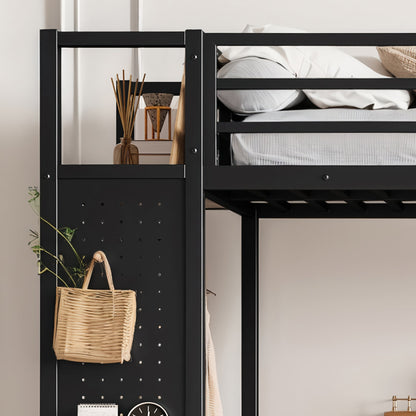 Twin XL over Twin XL metal bunk bed with storage shelves in black finish; pegboard panel with a wicker basket decor on Tampa Home & Garden Store