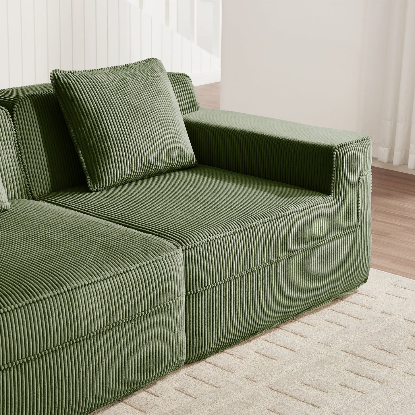 Modular Green Corduroy Armless Sofa and Pillow