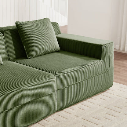 Modular Green Corduroy Armless Sofa and Pillow