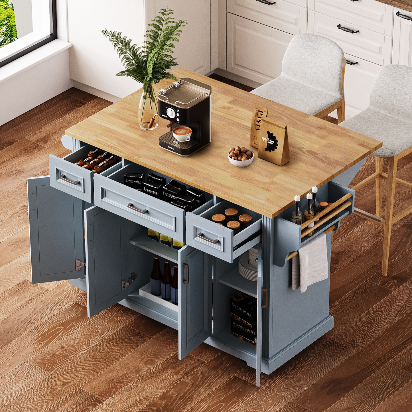 Large Rubber Wood Kitchen Island with Drop Leaf