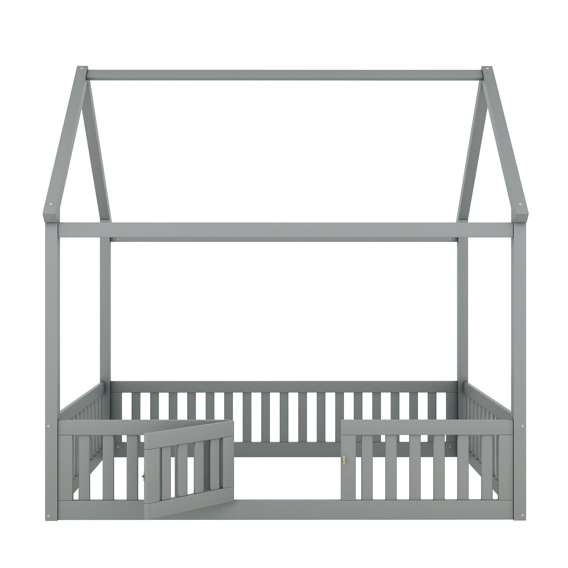 Wood House Bed With Fence And Door by HouseOfZazla, gray finish, platform bed frame on Tampa Home & Garden Store