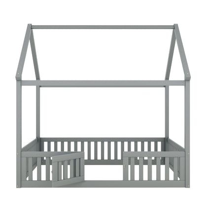 Wood House Bed With Fence And Door by HouseOfZazla, gray finish, platform bed frame on Tampa Home & Garden Store