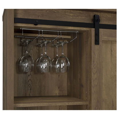 Arcata oak sliding-door bar cabinet with black metal rail and stemware rack on Tampa Home & Garden Store
