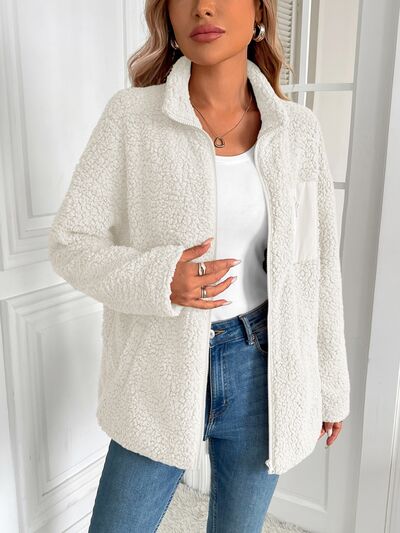 Stevvex winter warm zip-up fleece jacket white fuzzy long-sleeve outerwear for cold weather on Tampa Home & Garden Store