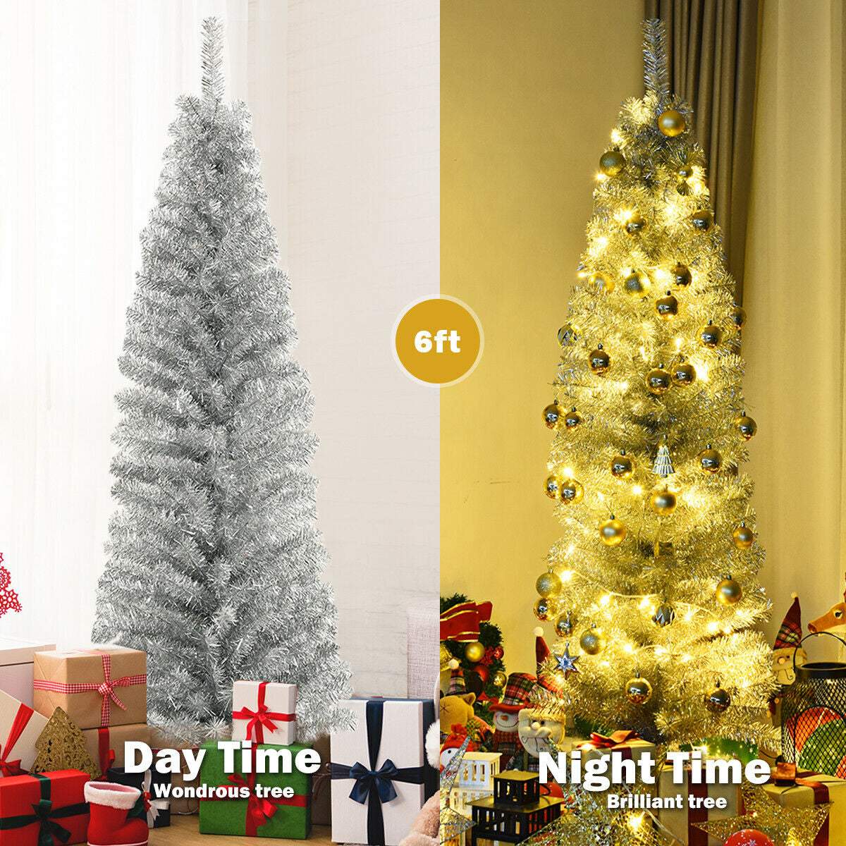 2x 6 ft tinsel pencil Christmas trees, unlit silver and gold LED-lit version on Tampa Home & Garden Store