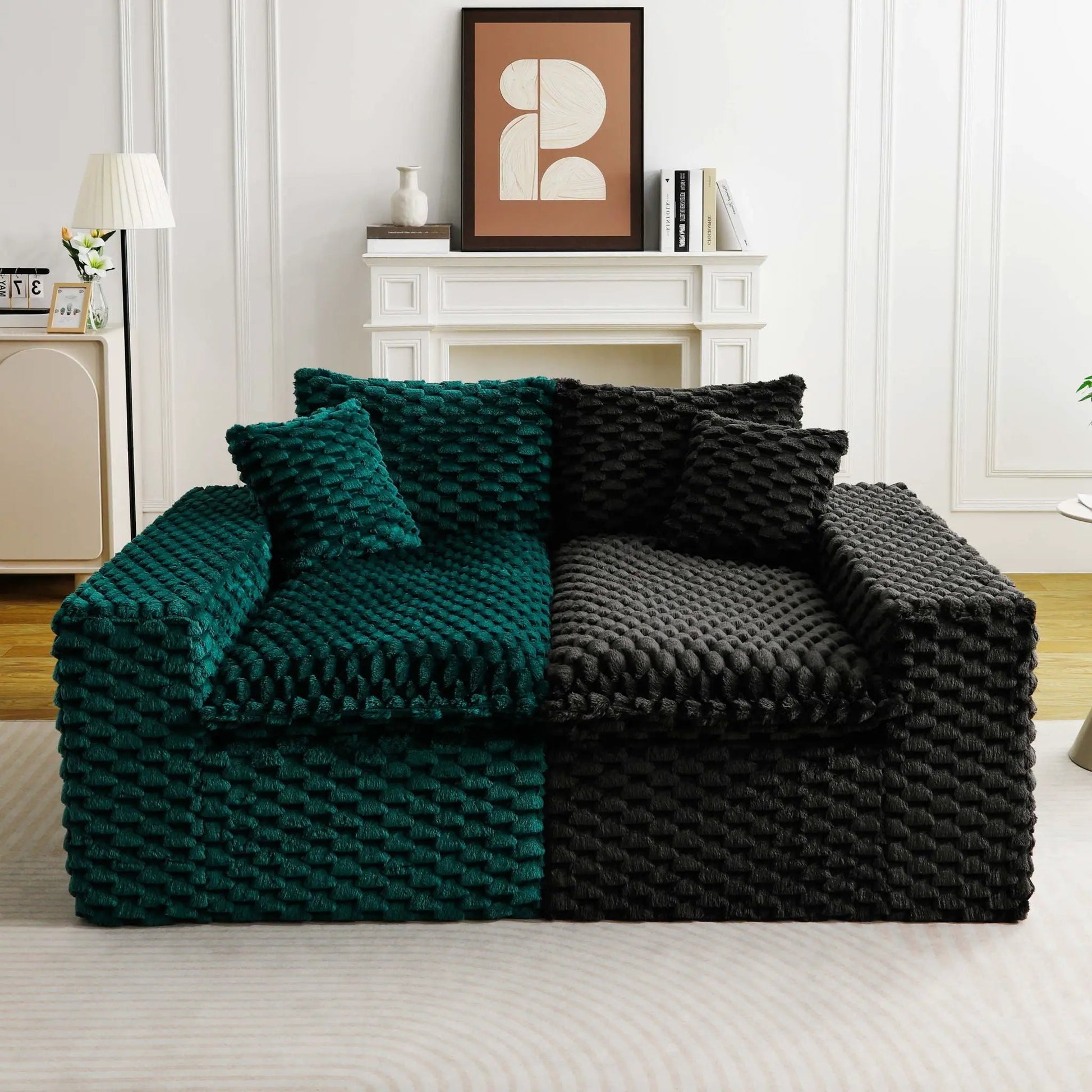 Multifunctional sofa in teal and dark gray chunky knit fabric for living room on Tampa Home & Garden Store