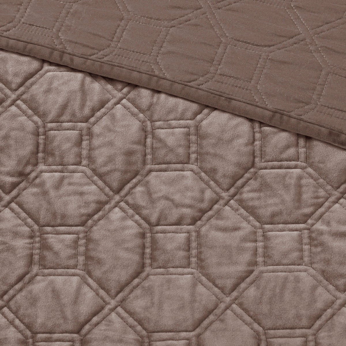 3 Piece Velvet Quilt Set Taupe Full/Queen by HouseOfZazla with velvet quilted geometric squares on Tampa Home & Garden Store