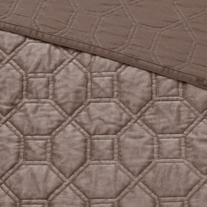 3 Piece Velvet Quilt Set Taupe Full/Queen by HouseOfZazla with velvet quilted geometric squares on Tampa Home & Garden Store