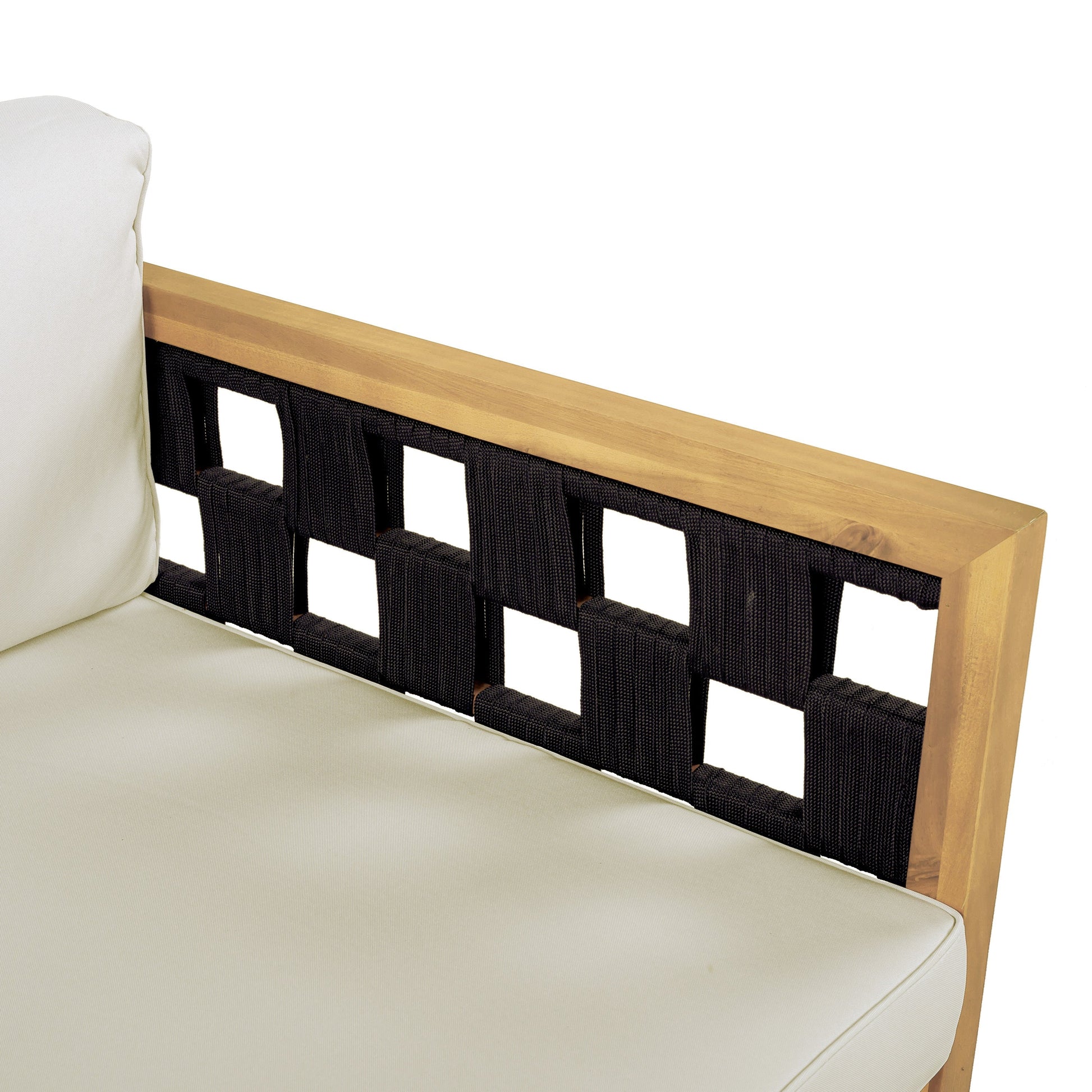 Luxury Acacia Wood Outdoor Daybed with beige cushions and black woven panels by HouseOfZazla on Tampa Home & Garden Store