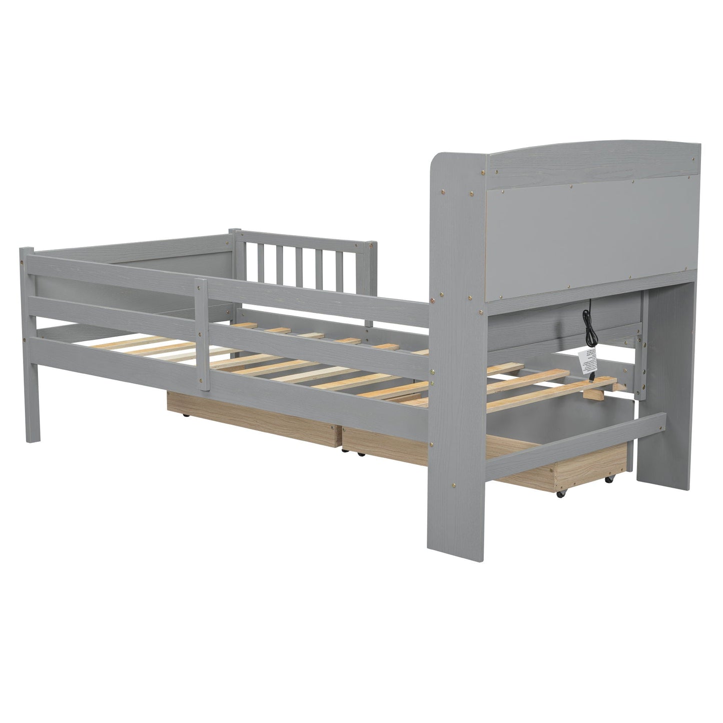 Platform storage bed in gray wood with guard rail, multifunction headboard, and under-bed drawer on Tampa Home & Garden Store