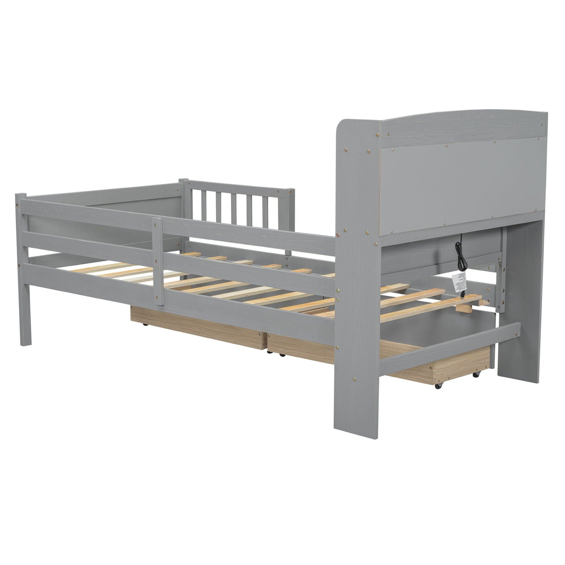 Platform storage bed in gray wood with guard rail, multifunction headboard, and under-bed drawer on Tampa Home & Garden Store