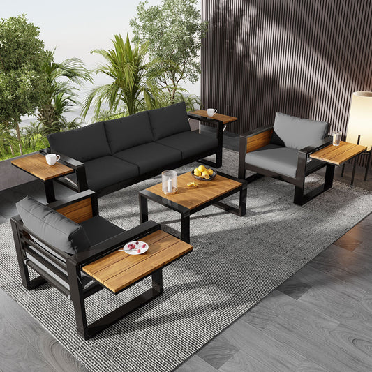 Aluminum-frame outdoor patio set with black cushions and wood slat tables for 5 by HouseOfZazla on Tampa Home & Garden Store