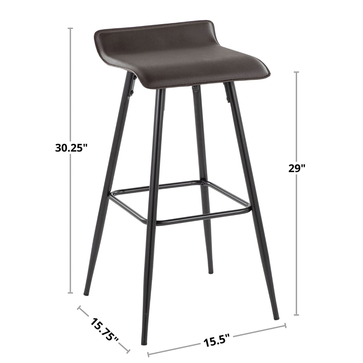 Contemporary fixed-height bar stool with metal base; dark leatherette seat, 29–30in tall on Tampa Home & Garden Store