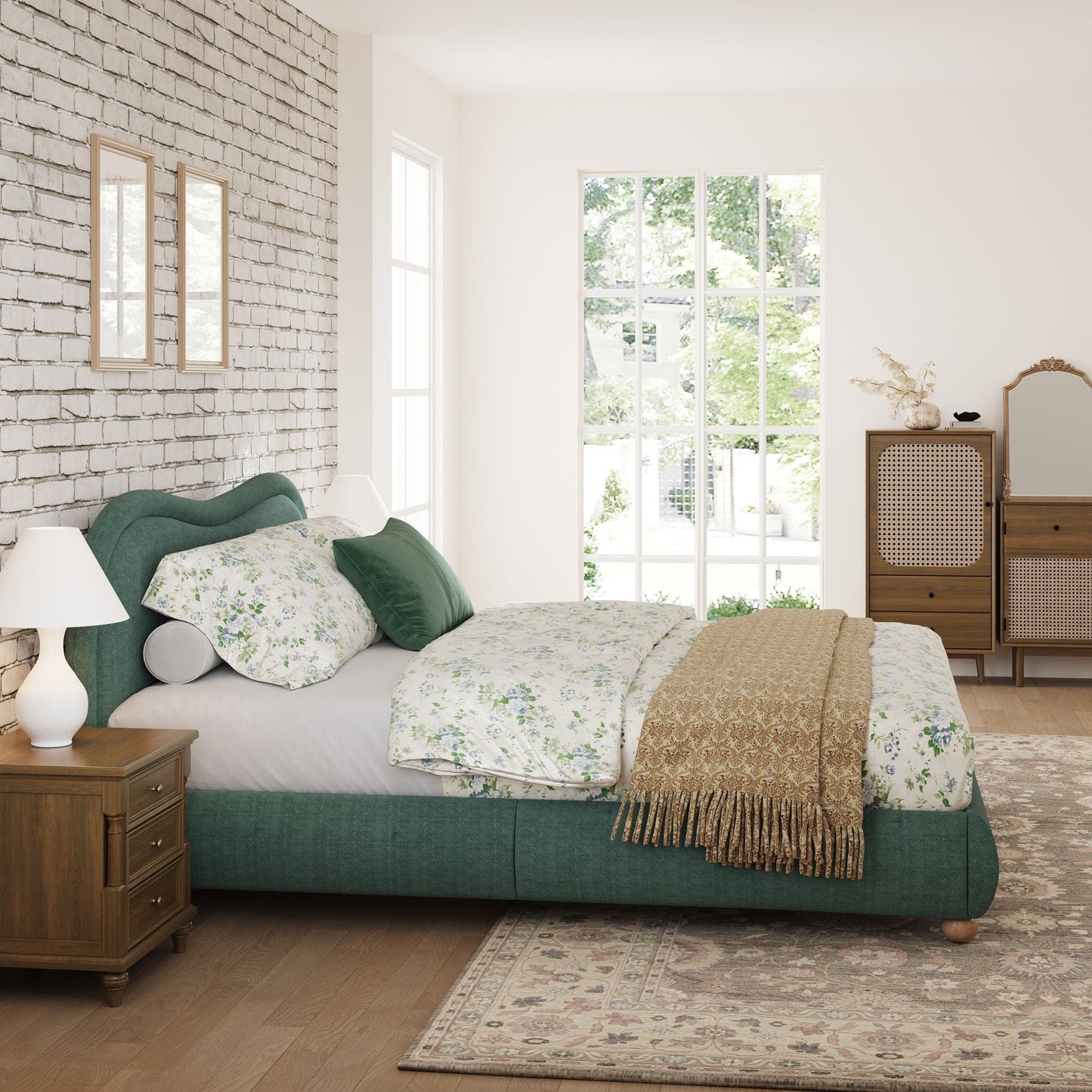 Upholstered Platform Bed with Curved Headboard