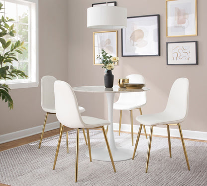 Modern round dining table with marble top and pedestal base, white finish, chairs with gold legs on Tampa Home & Garden Store