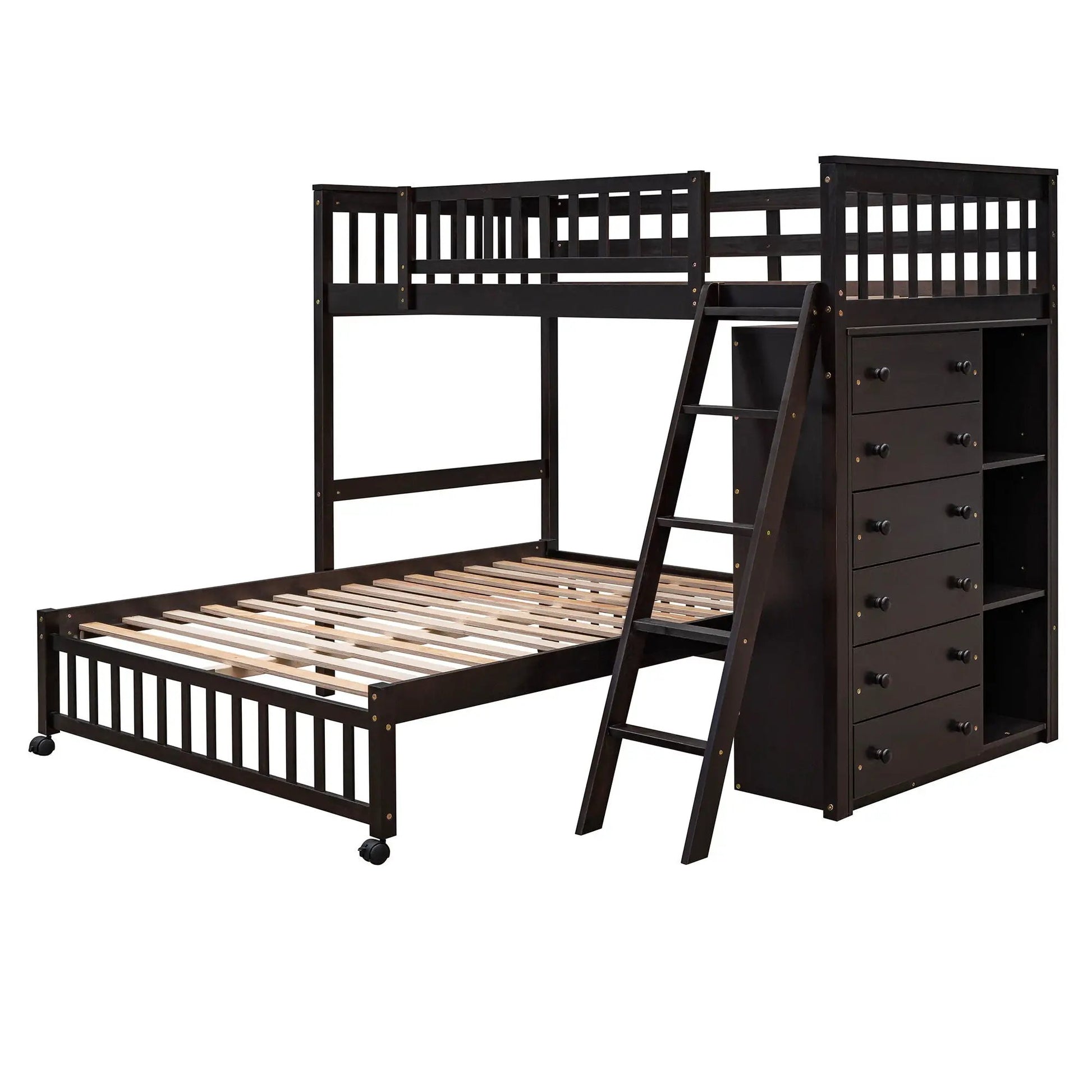 Bunk bed with 6 drawers and shelves, black wood, bottom bed on wheels by Unique Piece on Tampa Home & Garden Store