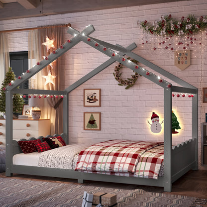 Full House Floor Bed with Slats gray frame with holiday lights and red ornaments on Tampa Home & Garden Store