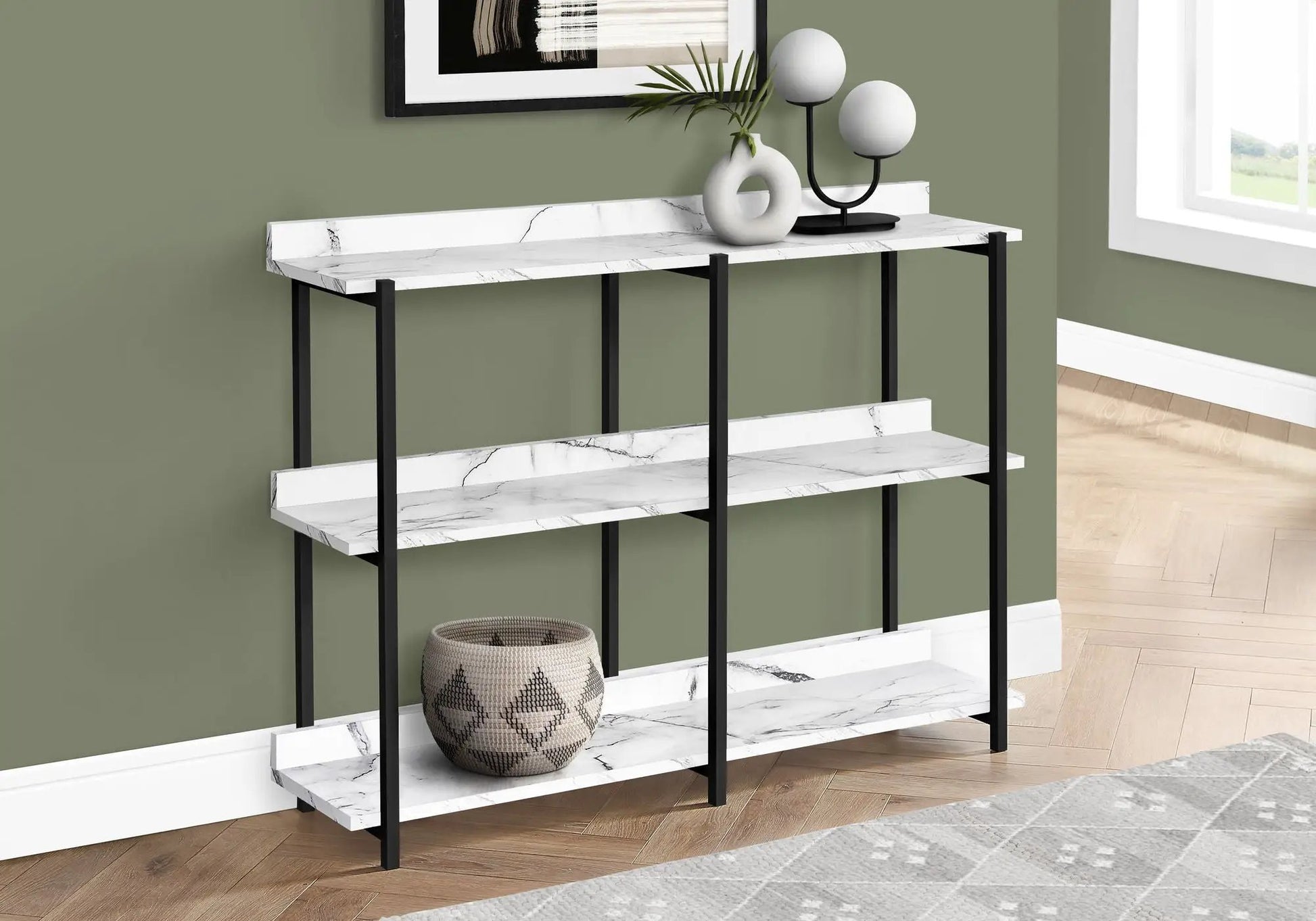 Accent Console Table For Entryway, 3-tier design with marble shelves and black metal frame on Tampa Home & Garden Store