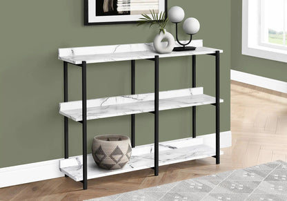Accent Console Table For Entryway, 3-tier design with marble shelves and black metal frame on Tampa Home & Garden Store