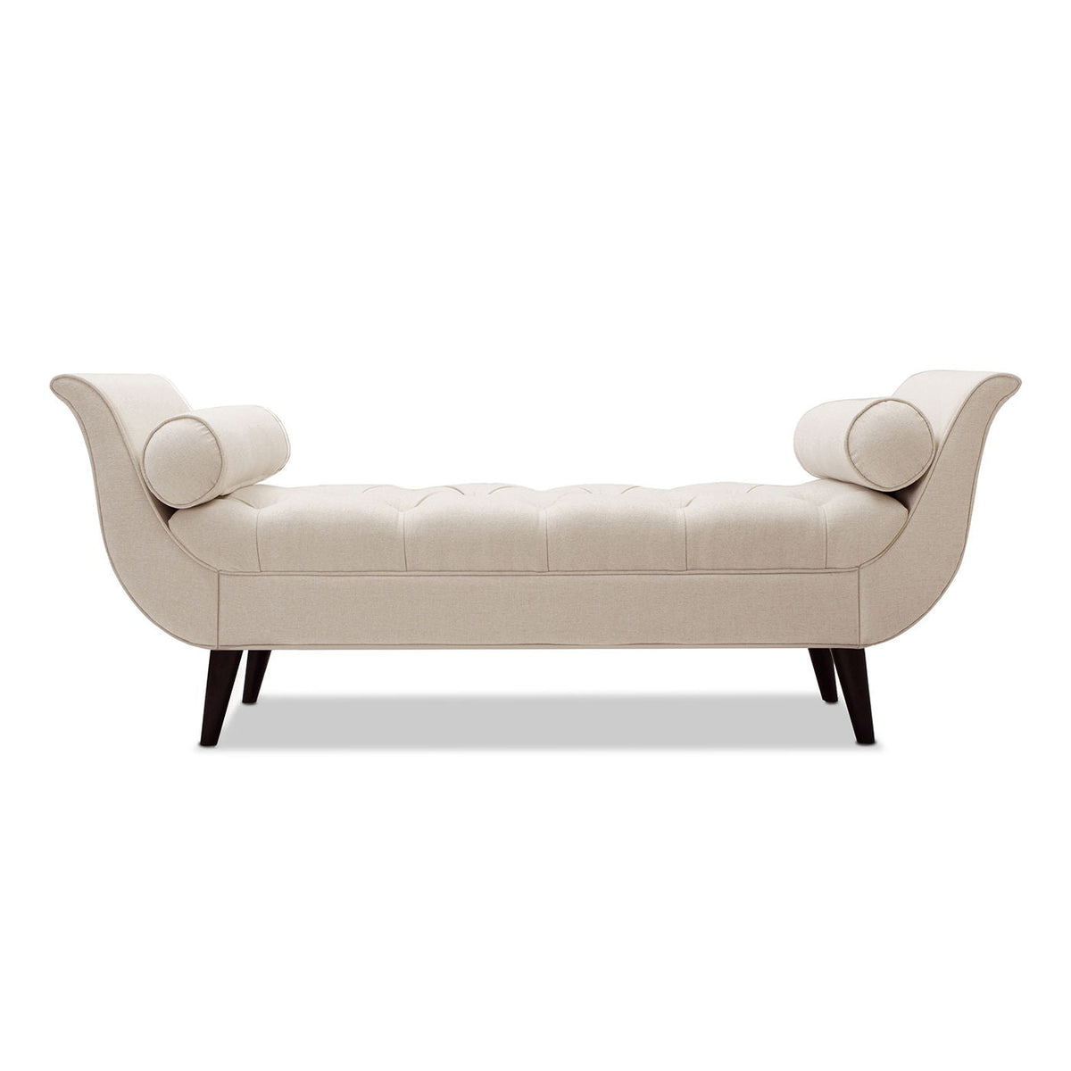 Tufted Flared Arm Entryway Bench in beige fabric with two bolster pillows by HouseOfZazla on Tampa Home & Garden Store