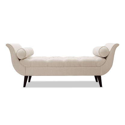 Tufted Flared Arm Entryway Bench in beige fabric with two bolster pillows by HouseOfZazla on Tampa Home & Garden Store