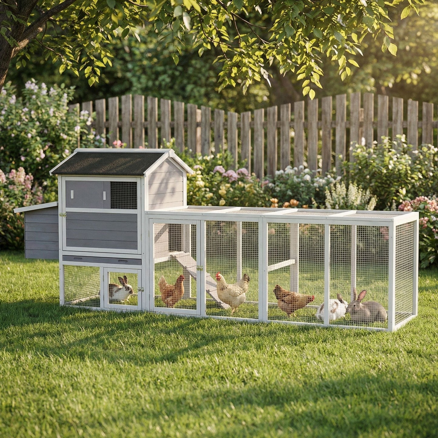 Chicken coop with run and nesting box, gray, by HouseOfZazla with several chickens on Tampa Home & Garden Store