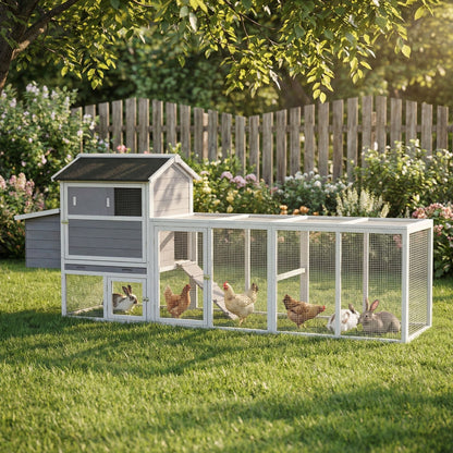 Chicken coop with run and nesting box, gray, by HouseOfZazla with several chickens on Tampa Home & Garden Store