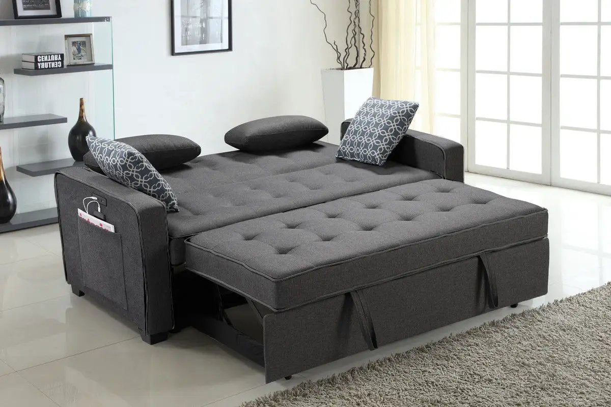 Sleeper Sofa with USB Ports and Pillows Gray