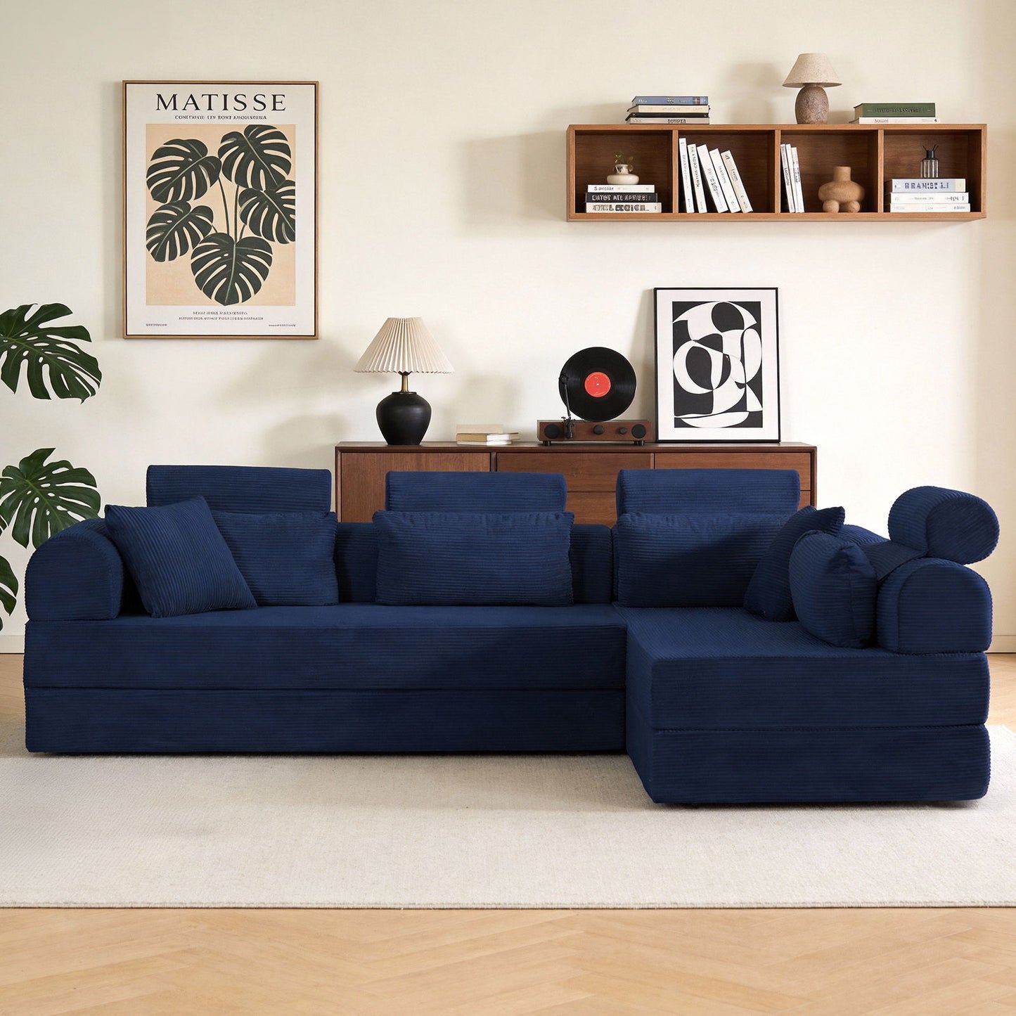 Modern L-Shape Modular Sectional Sofa by HouseOfZazla in deep blue ribbed fabric compressed on Tampa Home & Garden Store
