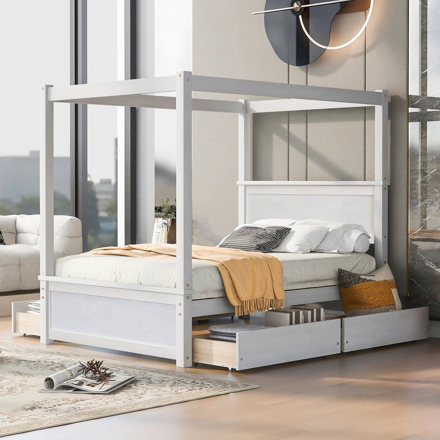 Two white canopy platform beds with drawers and slatted bases by Unique Piece Furniture on Tampa Home & Garden Store