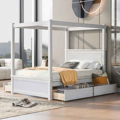 Two white canopy platform beds with drawers and slatted bases by Unique Piece Furniture on Tampa Home & Garden Store