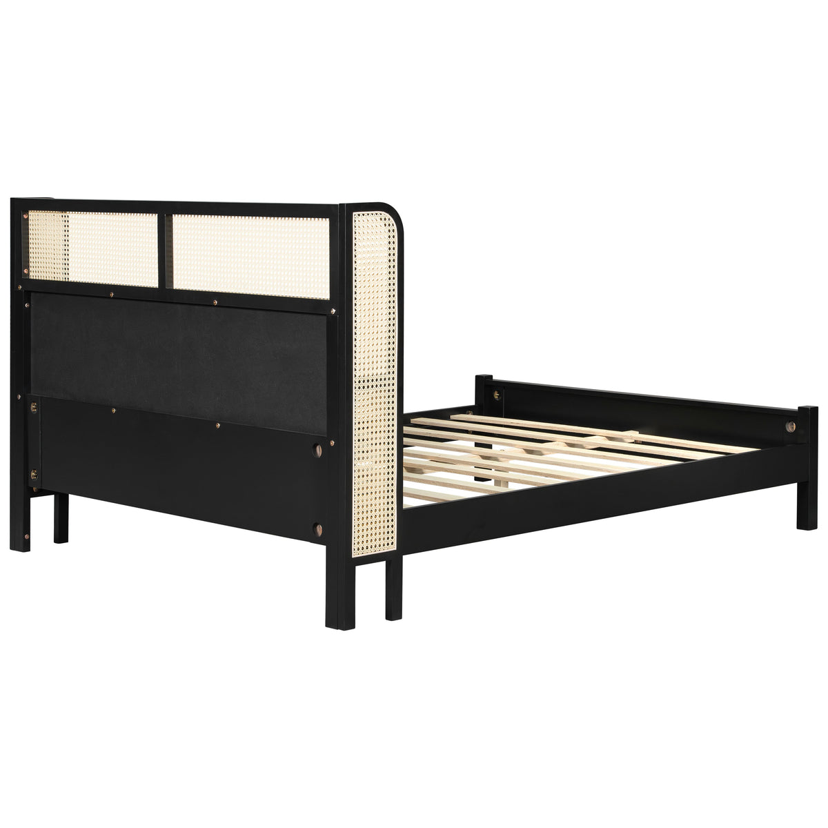 Queen size bed frame black finish with woven cane panels headboard and rails HouseOfZazla on Tampa Home & Garden Store