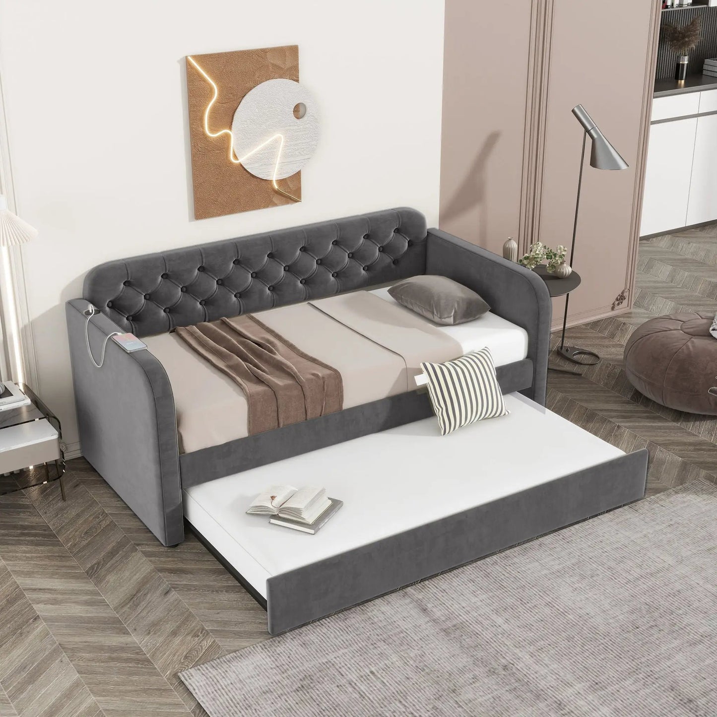 Upholstered Daybed With Trundle And USB Charging