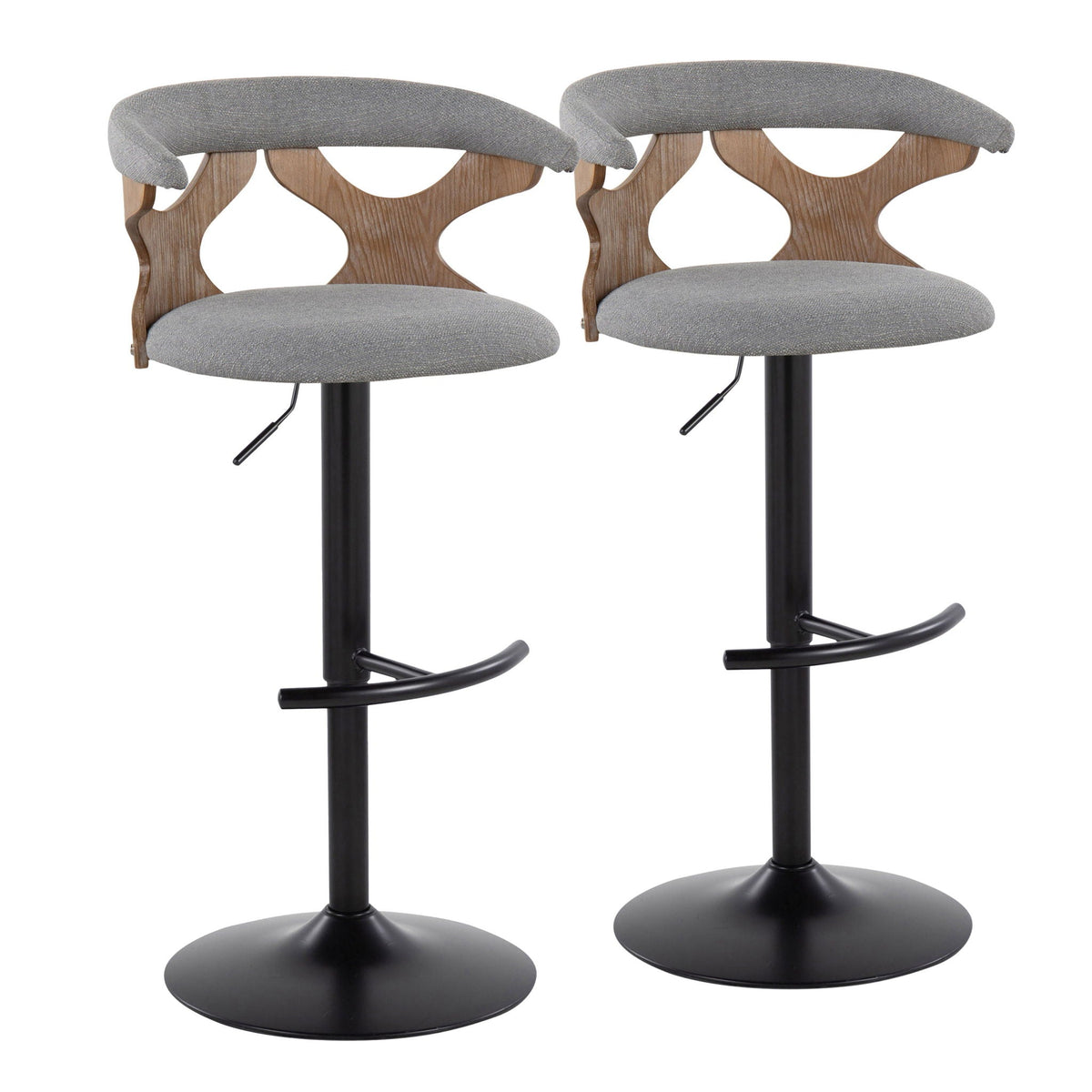 Contemporary adjustable barstool set of 2 with swivel grey fabric seats and wooden backs on Tampa Home & Garden Store