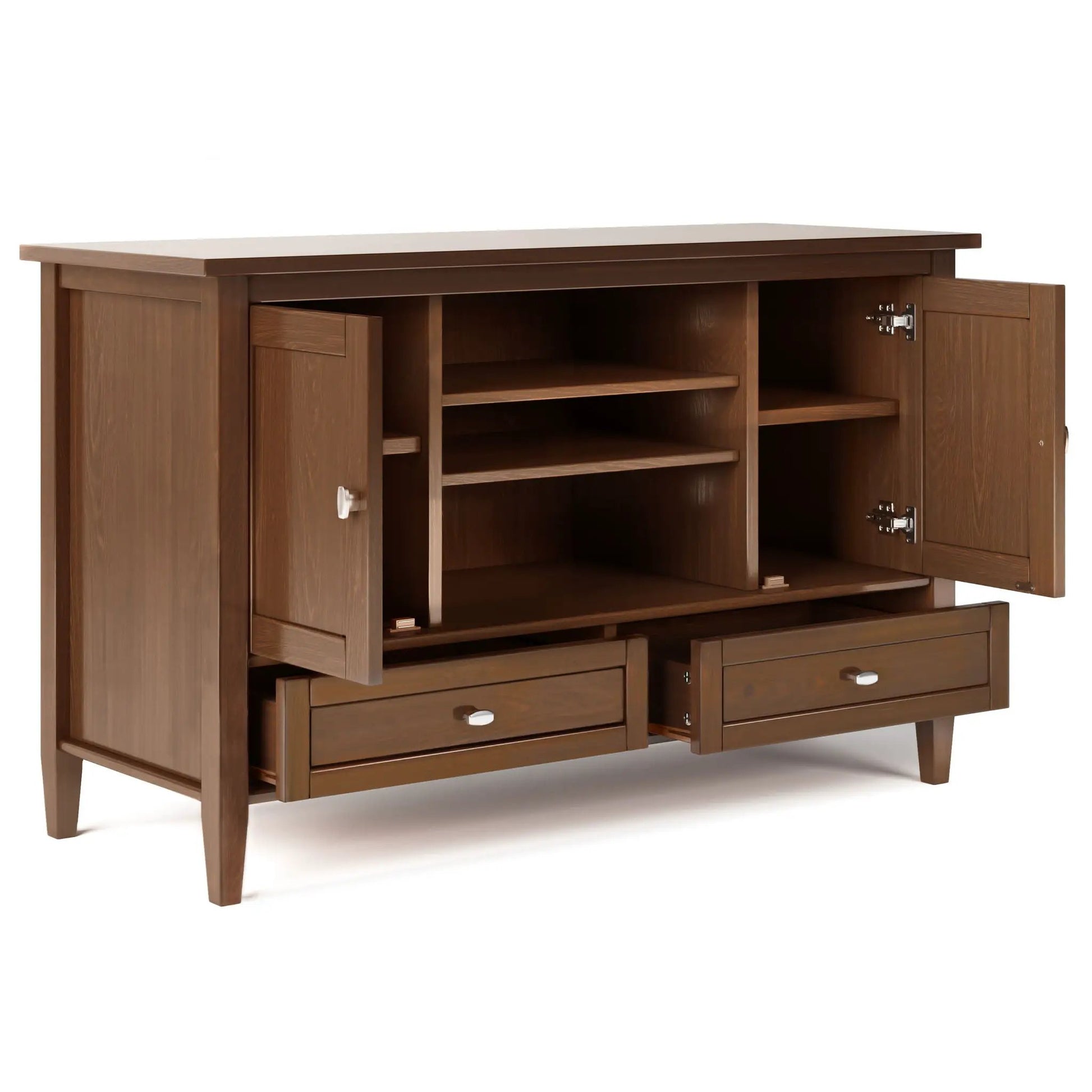Warm shaker style transitional dark wood TV media stand with open shelves and cabinetry on Tampa Home & Garden Store