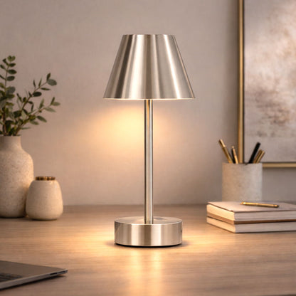 Elegance rechargeable LED table lamp by HouseOfZazla with brushed nickel finish and touch switch on Tampa Home & Garden Store