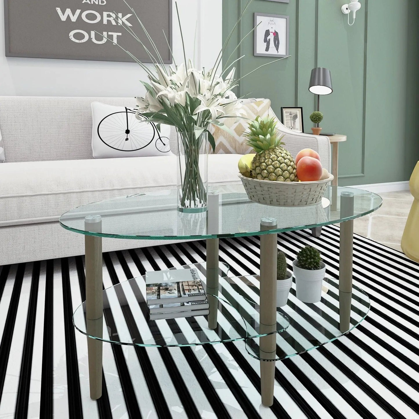 Transparent oval glass coffee table with oak wood legs by Unique Piece Furniture, 3-layer glass on Tampa Home & Garden Store