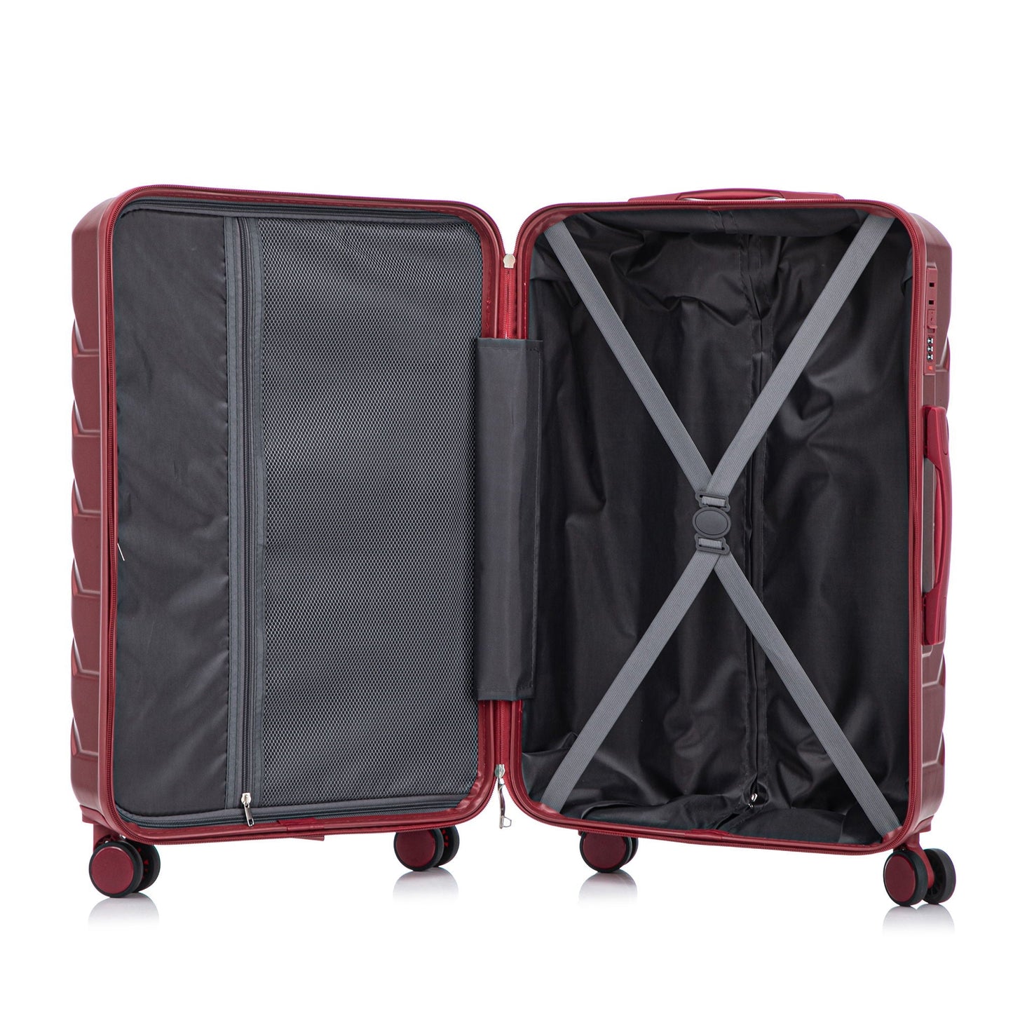 HouseOfZazla 3-Piece Spinner Luggage Set red open with mesh divider and interior cross straps on Tampa Home & Garden Store